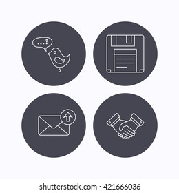 Outbox mail, message and handshake icons. Floppy disk linear sign. Flat icons in circle buttons on white background. Vector
