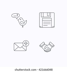 Outbox mail, message and handshake icons. Floppy disk linear sign. Flat linear icons on white background. Vector