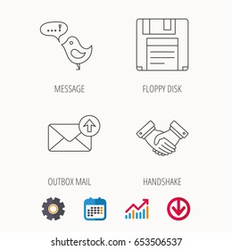Outbox mail, message and handshake icons. Floppy disk linear sign. Calendar, Graph chart and Cogwheel signs. Download colored web icon. Vector