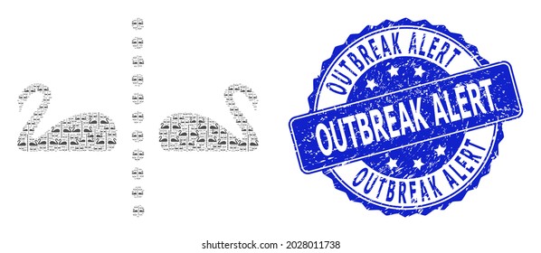Outbreak Alert dirty round stamp seal and vector recursive mosaic separate swans. Blue stamp includes Outbreak Alert tag inside round shape. Vector mosaic is done with recursive separate swans items.