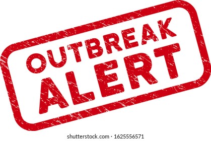 Outbreak Alert rectangle framed watermark. Red vector rectangle distress seal stamp with Outbreak Alert text inside rounded rectangle border. Designed for rubber imitations with dirty rubber surface.