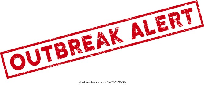 Outbreak Alert rectangular framed seal stamp. Red vector rectangular textured seal stamp with Outbreak Alert caption inside rectangle frame. Useful for rubber imitations with corroded rubber style.