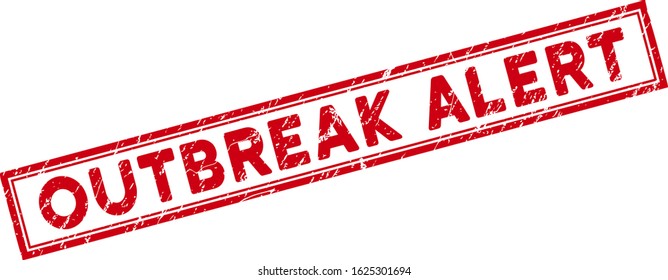 Outbreak Alert rectangular framed stamp. Red vector rectangular textured seal stamp with Outbreak Alert title inside rectangular double contour. Designed for imprints with unclean rubber surface.
