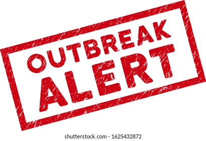 Outbreak Alert rectangular framed stamp seal. Red vector rectangular grunge seal with Outbreak Alert text inside rectangular border. Designed for rubber imitations with unclean rubber surface.