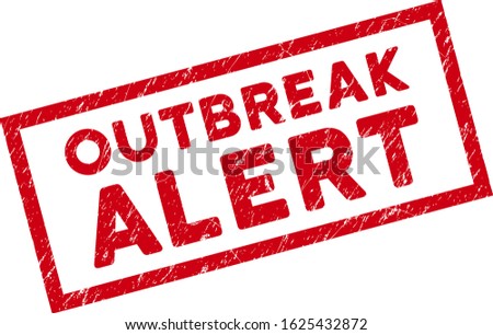 Outbreak Alert rectangular framed stamp seal. Red vector rectangular grunge seal with Outbreak Alert text inside rectangular border. Designed for rubber imitations with unclean rubber surface.