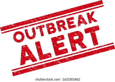 Outbreak Alert seal stamp. Red vector grunge seal stamp with Outbreak Alert phrase between double parallel lines. Useful for watermarks with scratched rubber surface.