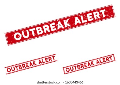 Outbreak Alert stamp seals. Red vector rectangle scratched watermarks with Outbreak Alert caption. Designed for rubber imitations with corroded rubber surface.