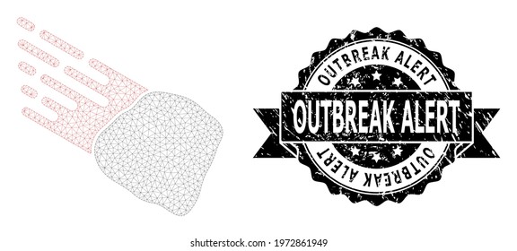 Outbreak Alert textured stamp and vector stone meteorite mesh structure. Black stamp seal contains Outbreak Alert text inside ribbon and rosette. Abstract flat mesh stone meteorite,