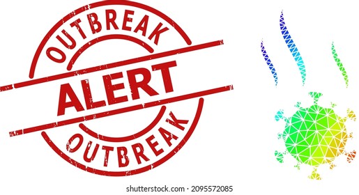 OUTBREAK ALERT unclean seal, and low-poly spectral colored virus spray icon with gradient. Red seal includes Outbreak Alert text inside circle and lines shape.
