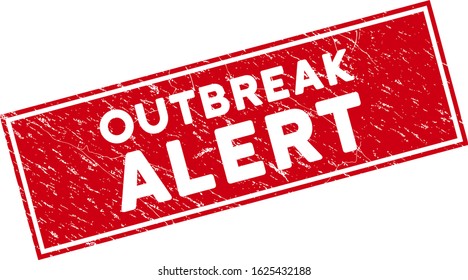 Outbreak Alert watermark with frame. Red vector rectangle scratched watermark with Outbreak Alert phrase. Designed for rubber imitations with scratched rubber surface.