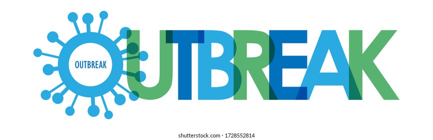 OUTBREAK blue and green vector typography banner with virus symbol