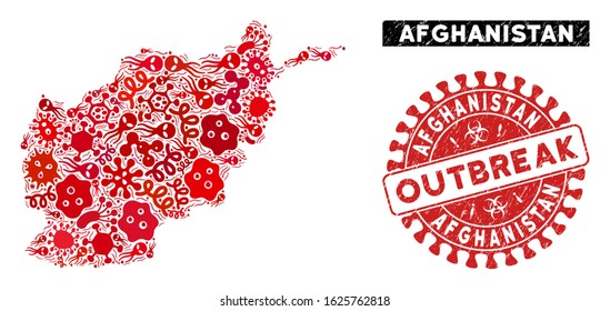 Outbreak collage Afghanistan map and red rubber stamp seal with OUTBREAK text. Afghanistan map collage composed with scattered infectious symbols. Red round OUTBREAK seal stamp with grunge texture.