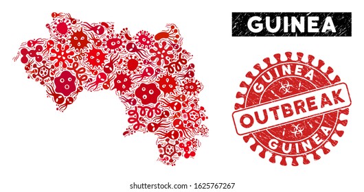 Outbreak collage African Guinea map and red grunge stamp seal with OUTBREAK caption. African Guinea map collage composed with randomized microbe cell symbols.