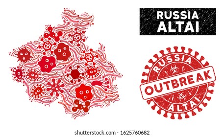 Outbreak collage Altai Republic map and red corroded stamp seal with OUTBREAK text. Altai Republic map collage constructed with randomized infectious icons.