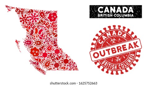 Outbreak collage British Columbia Province map and red distressed stamp seal with OUTBREAK phrase. British Columbia Province map collage formed with random contagious icons.