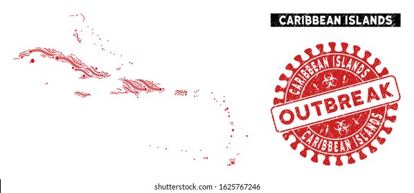 Outbreak collage Caribbean Islands map and red distressed stamp seal with OUTBREAK text. Caribbean Islands map collage composed with scattered viral icons. Red round OUTBREAK stamp with dirty texture.