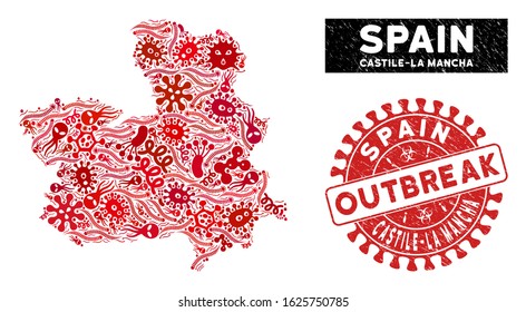 Outbreak collage Castile-La Mancha Province map and red distressed stamp watermark with OUTBREAK phrase. Castile-La Mancha Province map collage composed with scattered contagion icons.