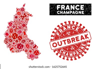 Outbreak collage Champagne Province map and red corroded stamp seal with OUTBREAK text. Champagne Province map collage composed with scattered contagion items.