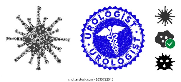 Outbreak collage coronavirus icon and round grunge stamp seal with Urologist phrase and medic icon. Mosaic vector is formed from coronavirus icon and with randomized virus elements.