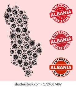Outbreak collage of covid-2019 mosaic Albania map and scratched seals. Vector red watermarks with scratched rubber texture and Outbreak Warning caption.