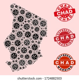Outbreak collage of covid-2019 mosaic Chad map and scratched seals. Vector red imprints with corroded rubber texture and Outbreak Warning caption. Mosaic Chad map designed with covid-2019 virus,