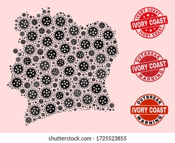 Outbreak collage of covid-2019 mosaic Ivory Coast map and grunge seal stamps. Vector red imprints with scratched rubber texture and Outbreak Warning caption.