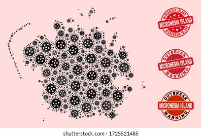 Outbreak collage of covid-2019 mosaic Micronesia island map and grunge stamps. Vector red watermarks with corroded rubber texture and Outbreak Warning caption.