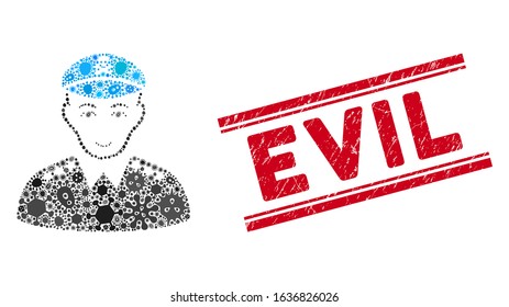 Outbreak collage evil army general icon and red Evil seal stamp between double parallel lines. Mosaic vector is designed with evil army general icon and with randomized pathogen objects.