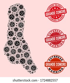 Outbreak collage of flu viral mosaic Grande Comore Island map and corroded stamps. Vector red watermarks with unclean rubber texture and Outbreak Warning caption.