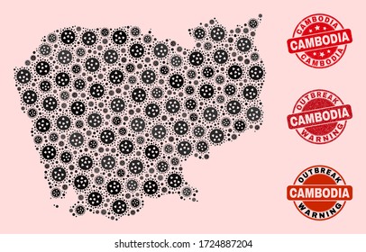 Outbreak collage of flu viral mosaic Cambodia map and rubber seal stamps. Vector red imprints with distress rubber texture and Outbreak Warning caption. Mosaic Cambodia map constructed with flu virus,