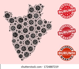 Outbreak collage of flu viral mosaic Burundi map and rubber seals. Vector red seals with scratched rubber texture and Outbreak Warning caption. Mosaic Burundi map designed with flu virus,