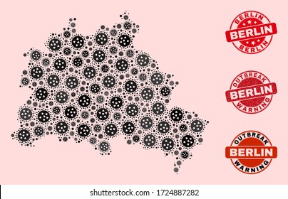 Ausbruchscollage des viralen Grippemosaiks Berlin City Karte und kratzte Briefmarken. Vector rote Dichtungen mit unreiner Gummistruktur und Ausbruchwarnung. Mosaik Berlin City Map, entworfen mit Coronavirus,