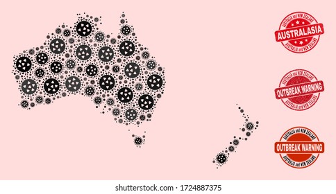 Outbreak collage of flu viral mosaic Australia and New Zealand map and dirty seals. Vector red seals with unclean rubber texture and Outbreak Warning caption.