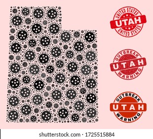 Outbreak collage of flu viral mosaic Utah State map and corroded seals. Vector red seals with corroded rubber texture and Outbreak Warning caption. Mosaic Utah State map designed with coronavirus,
