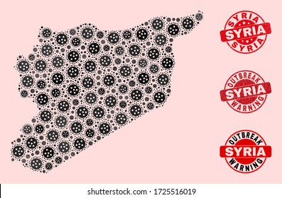 Die Collage der Grippevirusmosaike Syrien kartografiert und kratzte Robben. Vektor rote Dichtungen mit Gummi-Textur und Ausbruch-Warnung Beschriftung. Mosaik-Syrien-Karte, die mit Coronavirus gebaut wurde,