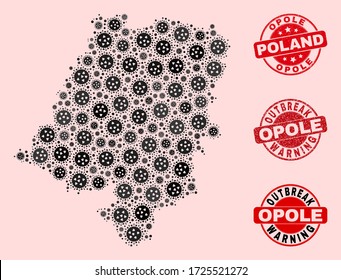 Outbreak collage of flu viral mosaic Opole Voivodeship map and rubber seals. Vector red seals with distress rubber texture and Outbreak Warning caption.