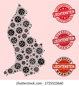 Outbreak collage of flu viral mosaic Liechtenstein map and rubber stamps. Vector red seals with distress rubber texture and Outbreak Warning caption.