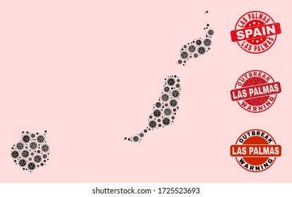 Outbreak collage of flu viral mosaic Las Palmas Province map and textured seals. Vector red seals with grunge rubber texture and Outbreak Warning caption.