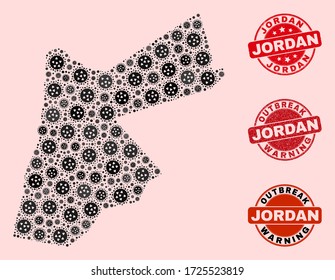 Outbreak collage of flu viral mosaic Jordan map and rubber stamps. Vector red imprints with unclean rubber texture and Outbreak Warning caption. Mosaic Jordan map constructed with pneumonia virus,