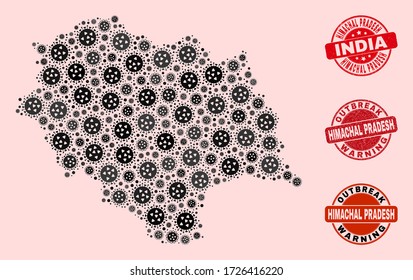 Outbreak collage of flu viral mosaic Himachal Pradesh State map and rubber seals. Vector red seals with grunge rubber texture and Outbreak Warning caption.