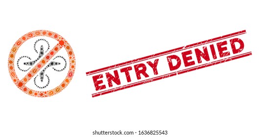 Outbreak collage forbidden copter icon and red Entry Denied seal between double parallel lines. Mosaic vector is designed with forbidden copter icon and with randomized amoeba items.