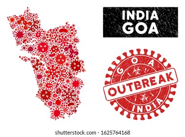 Outbreak collage Goa State map and red grunge stamp watermark with OUTBREAK badge. Goa State map collage created with random amoeba elements. Red rounded OUTBREAK seal with dirty texture.