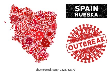 Outbreak collage Hueska Province map and red grunge stamp watermark with OUTBREAK badge. Hueska Province map collage designed with randomized pathogen items.
