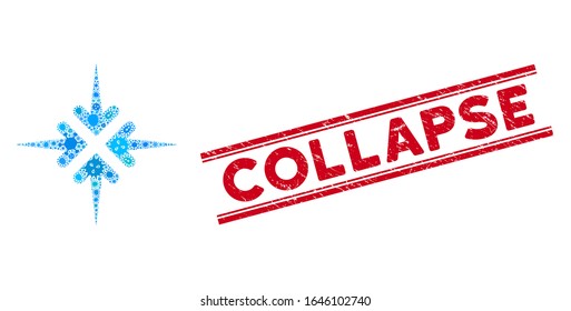Icono de las flechas de impacto del collarín de brote y sello rojo de sellado Colapso entre líneas paralelas dobles. El vector mosaico está diseñado con pictograma de flechas de impacto y con elementos infecciosos aleatorios.