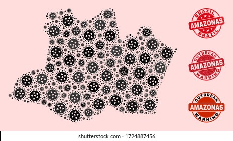 Outbreak collage of infection mosaic Amazonas State map and grunge seals. Vector red seals with scratched rubber texture and Outbreak Warning caption.