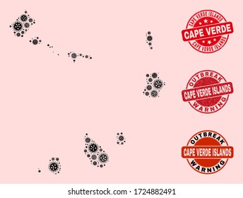 Outbreak collage of infection mosaic Cape Verde Islands map and corroded seals. Vector red seals with scratched rubber texture and Outbreak Warning caption.