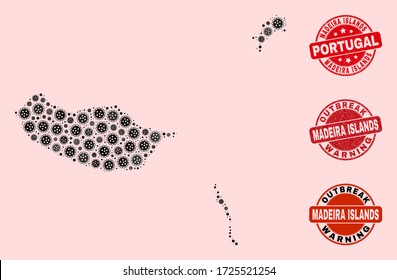 Outbreak collage of infection mosaic Madeira Islands map and corroded stamps. Vector red seals with corroded rubber texture and Outbreak Warning caption.