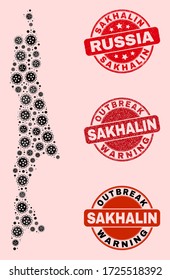 Outbreak collage of infection mosaic Sakhalin Island map and unclean seals. Vector red watermarks with unclean rubber texture and Outbreak Warning caption.