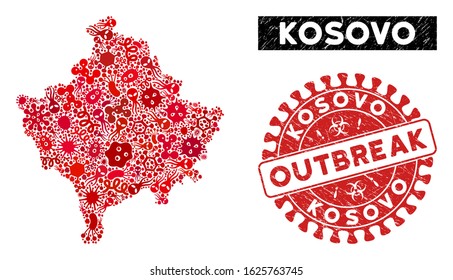 Outbreak collage Kosovo map and red grunge stamp watermark with OUTBREAK text. Kosovo map collage constructed with scattered microorganism items. Red round OUTBREAK watermark with grunge texture.