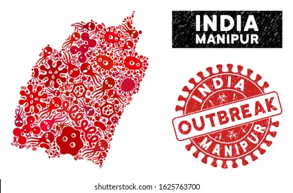 Outbreak collage Manipur State map and red grunge stamp watermark with OUTBREAK words. Manipur State map collage composed with randomized contagious icons.